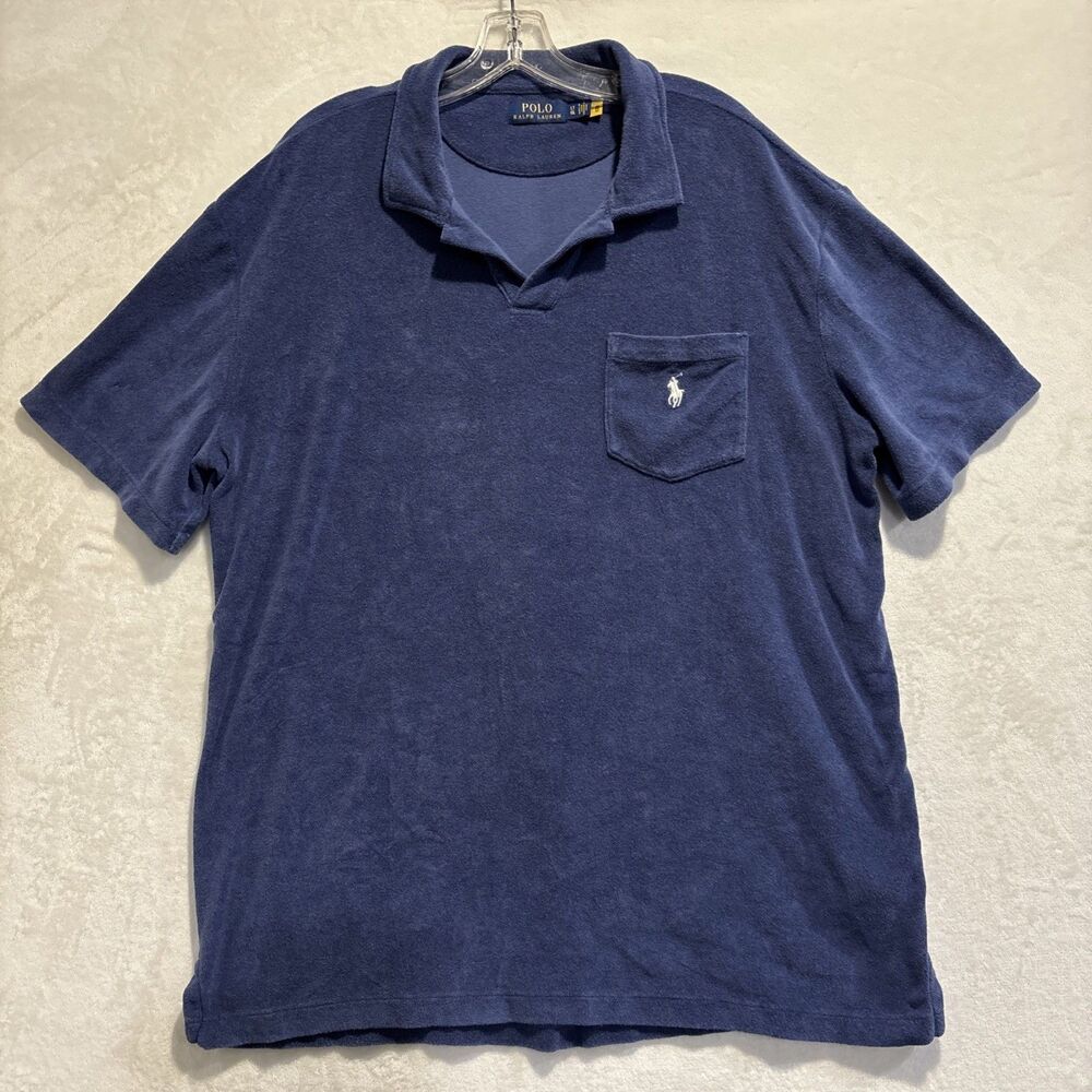 Polo Ralph Lauren Shirt Men's Large Tall Navy Terry Cloth Johnny Collar Pocket